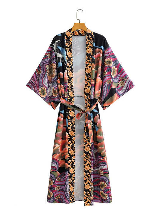Evatrends cotton gown robe printed kimonos, Outerwear, Cotton, Nightwear,  Long kimono, Board Sleeves, loose fitting, Printed, Floral + Moon, Belted
