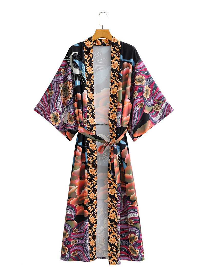 Evatrends cotton gown robe printed kimonos, Outerwear, Cotton, Nightwear,  Long kimono, Board Sleeves, loose fitting, Printed, Floral + Moon, Belted