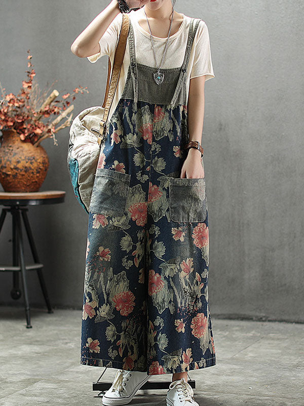 Dungarees cotton denim ripped jeans floral vintage retro style overall