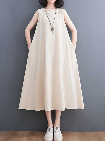 Plain Cotton Sleeveless Midi Dress