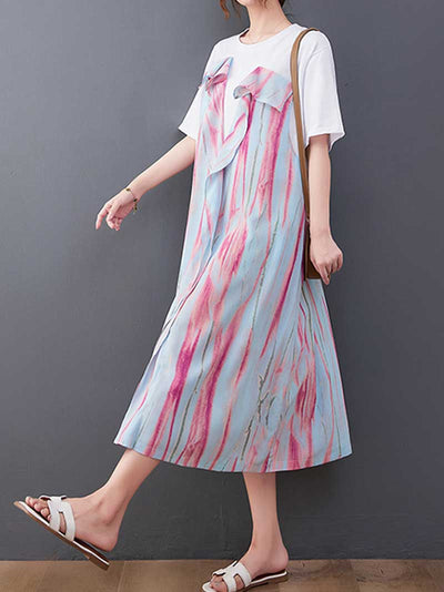 Cotton Tie-Dye Print Short Sleeves Midi Dress
