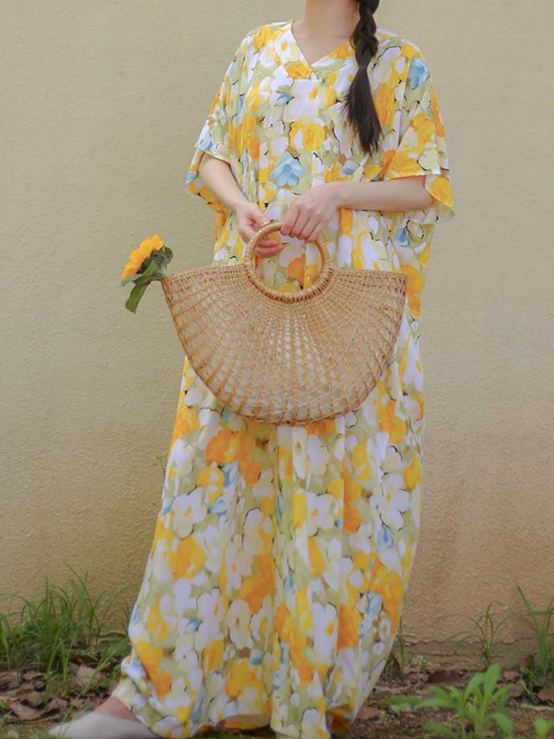 Cotton Yellow Color Floral Print Kaftan Dress