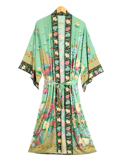 Evatrends cotton gown robe printed kimonos, Outerwear, cotton, Nightwear, long kimono, Long Sleeves, loose fitting, Floral Print with birds print, Belted