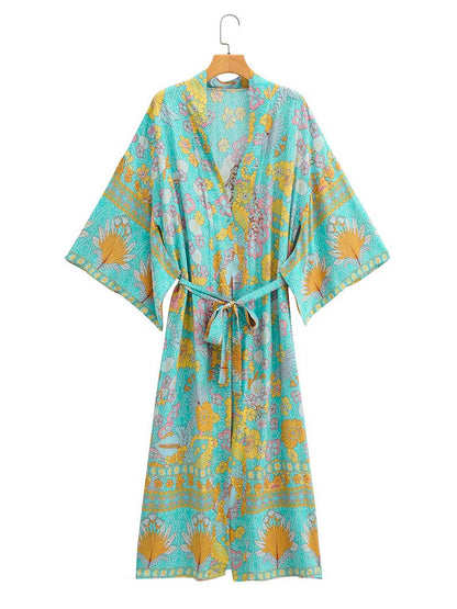 Evatrends cotton gown robe printed kimonos, Outerwear,  Nightwear, Long kimono, Board Sleeves, loose fitting, Printed, Floral , Belted