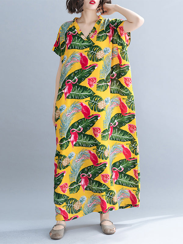 Palm Leaves & Flamingo Plus Size Kaftan Dress