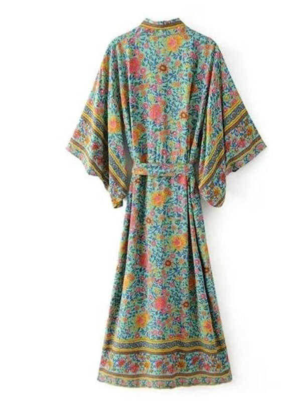 Evatrends cotton gown robe printed kimonos, Outerwear, Cotton, Viscose, Nightwear, Bordered trim, sleeves & bottom, long kimono, Kimono Broad sleeves with armpit opening, loose fitting, Bohemian Chic Floral Print with Contrasting Border