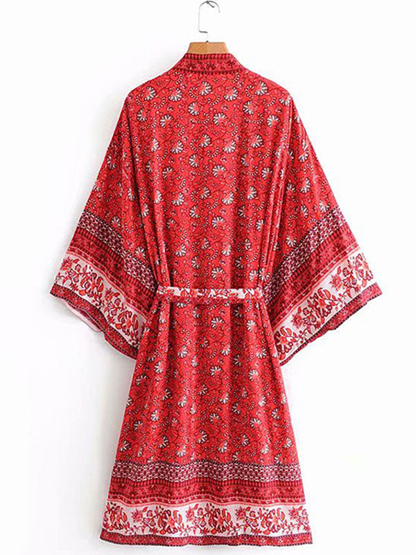 Evatrends cotton gown robe printed kimonos, Outerwear, : 90% Cotton, 10% Viscose, Nightwear, long kimono, Board Sleeves, loose fitting, Red base with Bohemian Pattern Print