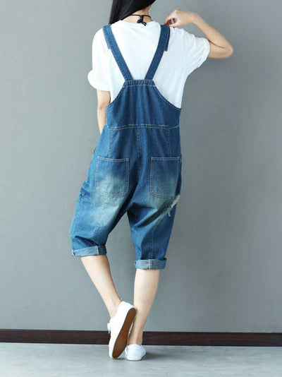 Dungarees cotton denim ripped jeans ,vintage retro style overall, Adjustable straps, Cropped Pants