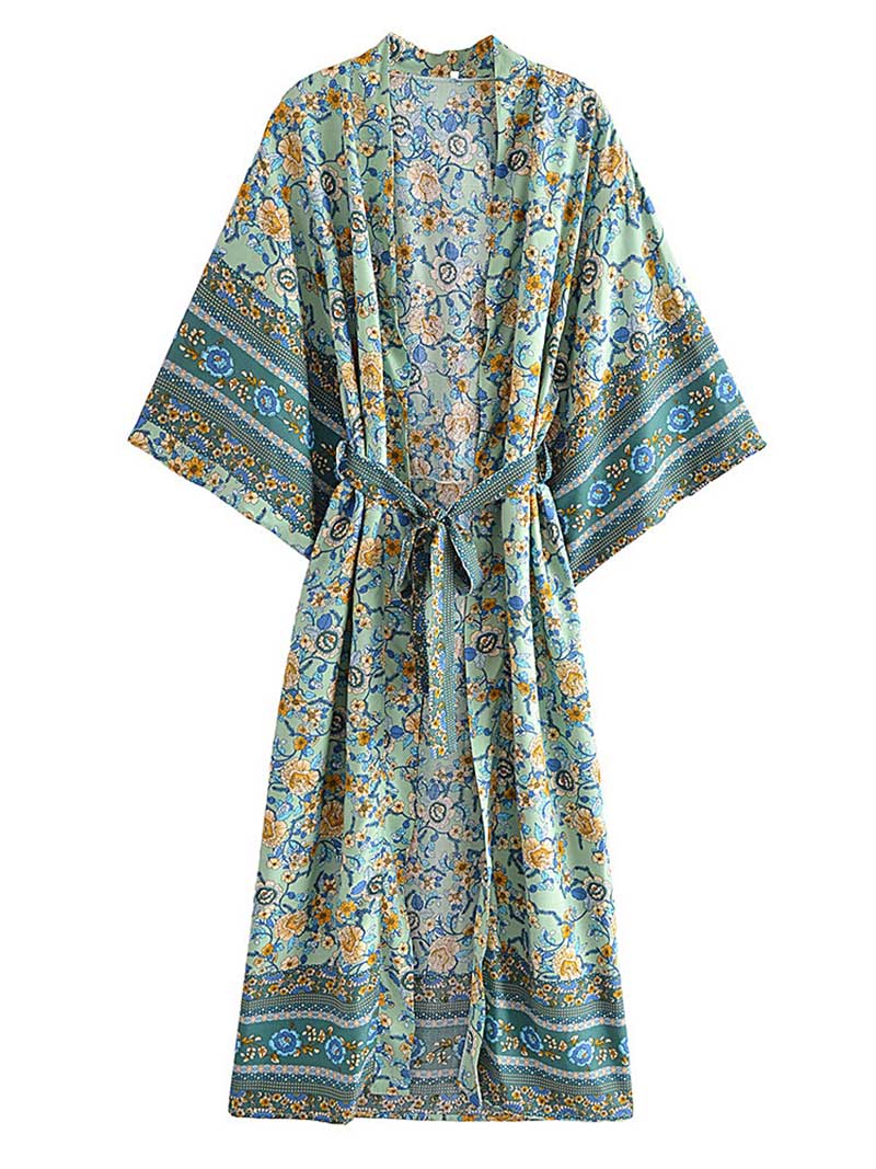 Evatrends cotton gown robe printed kimonos, Outerwear, Cotton,  Beachwear, Party wear, Long kimono, Board Sleeves, loose fitting, Swimwear, Printed, Floral, Belted, Green color