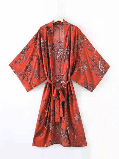Evatrends cotton gown robe printed kimonos, Party Wear, Outerwear, Polyester, Nightwear, Long kimono, Board Sleeves, Red color, loose fitting, Printed
