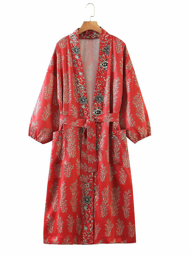 Evatrends cotton gown robe printed kimonos, Outerwear, Polyester, Nightwear, long kimono, Kimono Broad sleeves with armpit opening, loose fitting, Floral Print, Belted