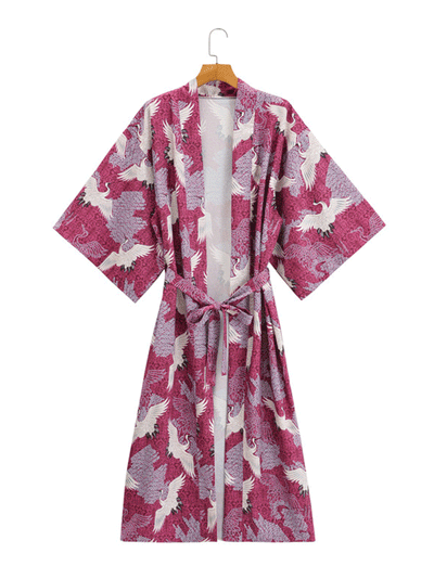 Evatrends cotton gown robe printed kimonos, Outerwear, Polyester, long sleeves, Birds print, Nightwear, long kimono, Board Sleeves, loose fitting, Printed, , belted