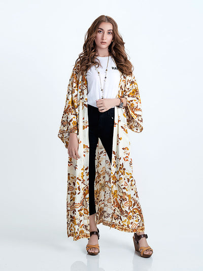 Evatrends cotton gown robe printed kimonos, Outerwear, cotton, Nightwear, long kimono, Board Sleeves, Double pocket, loose fitting, Floral print, Belted