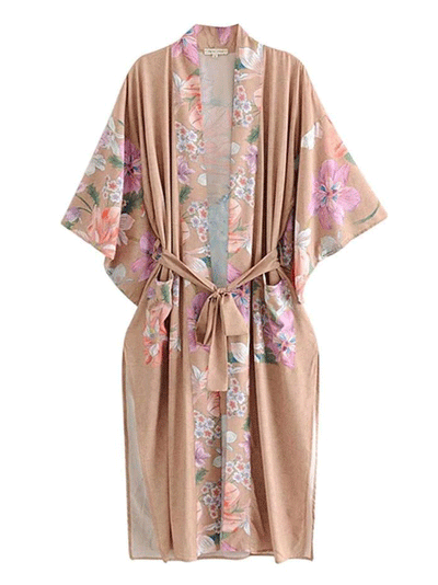 Evatrends cotton gown robe printed kimonos, Outerwear, Cotton, Viscose & Silk Mix, Nightwear, long kimono, Long Sleeves, loose fitting, Peacock King Floral & Bird Printed, Belted,