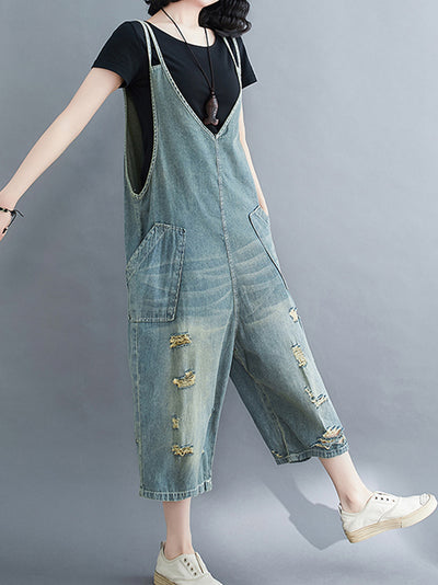 Dungarees, cotton denim, Ripped, vintage, retro style overall, Romper, Double Side Pockets