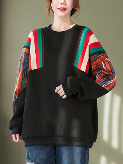 Women's Winter Black Stripe Splicing Round Neck Top