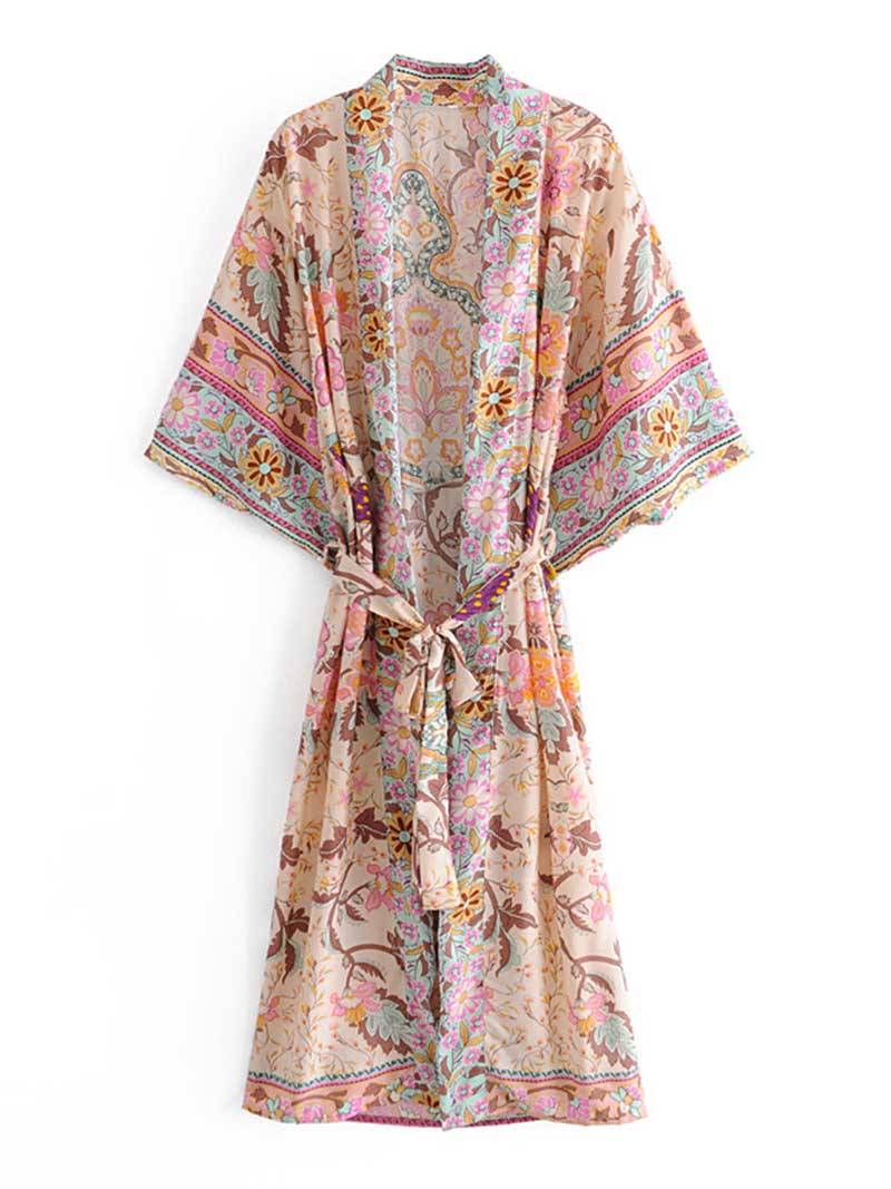 Partywear Cotton Kimono Robe Floral Print Beige Color Long Length Gown Robe Kimono