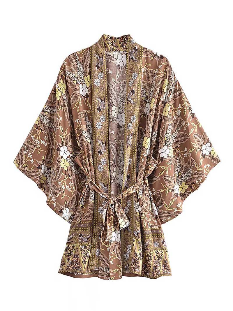 Evatrends cotton gown robe printed kimonos, Outerwear, Rayon, Nightwear, Short kimono, Kimono Broad Sleeves, Coffee, loose fitting, Floral Print, Belted