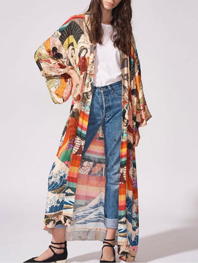 Evatrends cotton gown robe printed kimonos, Outerwear, Polyester, chiffon, Nightwear, long kimono, long Sleeves, loose fitting, Floral, Girl Print, belted
