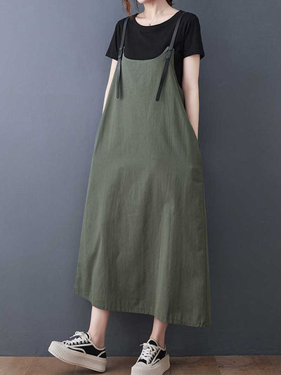 Plain Green and Black Hemp Material Salopette Dress