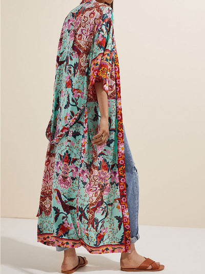 Evatrends cotton gown robe printed kimonos, Outerwear, Cotton, long sleeves, Nightwear, long kimono, Board Sleeves, Green, loose fitting, Printed, floral, belted, V-Collar