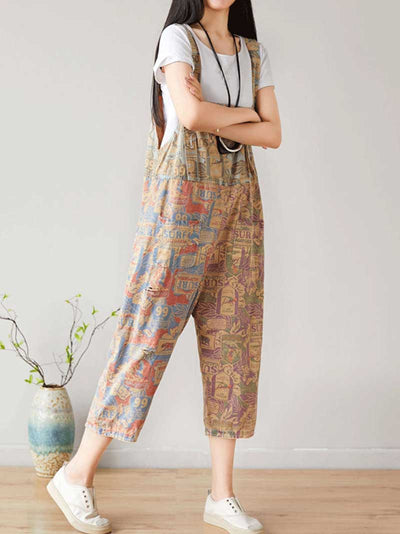 Dungarees, cotton denim, vintage retro style, overall, Cotton 71%-80%, Cropped Pant, Adjustable Straps, Non-Stretchable, Printed