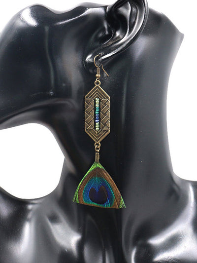 Dangling Druzy Peacock Feather Earrings