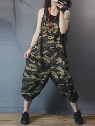 Dungarees cotton denim ripped jeans floral vintage retro style overall, Camouflage ,Two Back Pockets