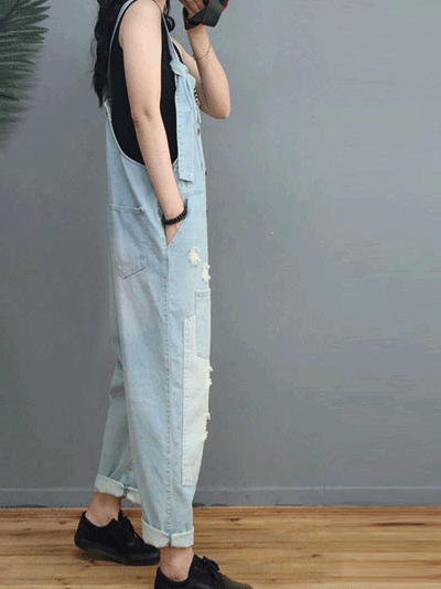 Dungarees cotton denim ripped jeans floral vintage retro style overall