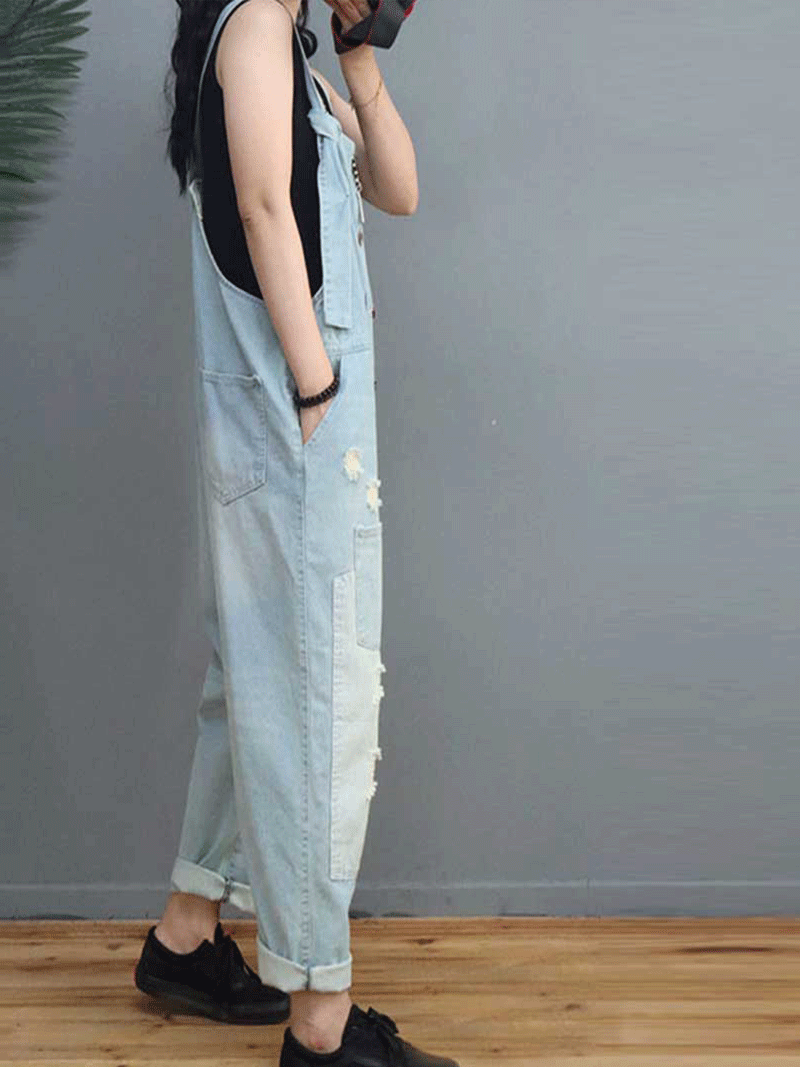 Dungarees cotton denim ripped jeans floral vintage retro style overall