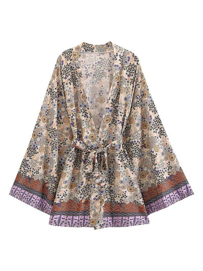 Evatrends cotton gown robe printed kimonos, Outerwear, Cotton, Nightwear, Short kimono, Board Sleeves, loose fitting, Printed, Belted