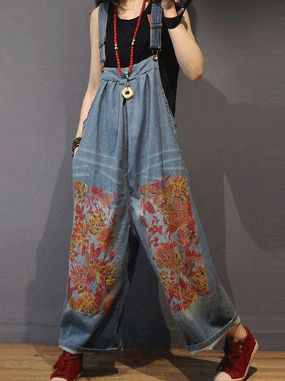 Dungarees cotton denim ripped jeans floral vintage retro style overall, Dungarees cotton denim ripped jeans floral vintage retro style overall, Thick, Non-stretchable