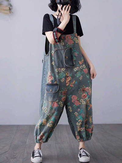 Dungarees cotton denim ripped jeans floral vintage retro style overall