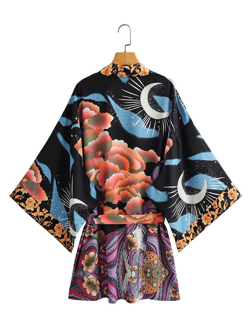 Evatrends cotton gown robe printed kimonos, Outerwear, Polyester, Nightwear, Short kimono, Board Sleeves, loose fitting, Printed, Floral + Moon, Belted