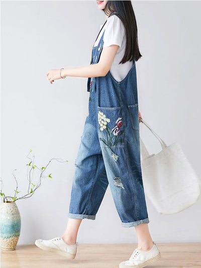 Dungarees cotton denim ripped jeans floral vintage retro style overall