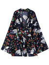 Evatrends cotton gown robe printed kimonos, Outerwear, Polyester,  Party wear, Short kimono, Board Sleeves, loose fitting, Swimwear, Printed, Birds + Floral, Belted, Dark-Blue color