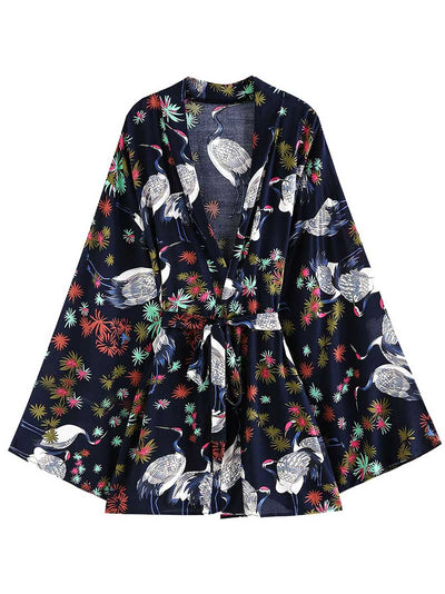 Evatrends cotton gown robe printed kimonos, Outerwear, Polyester,  Party wear, Short kimono, Board Sleeves, loose fitting, Swimwear, Printed, Birds + Floral, Belted, Dark-Blue color