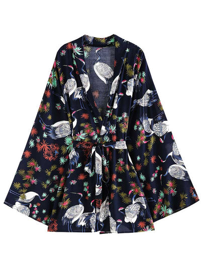 Evatrends cotton gown robe printed kimonos, Outerwear, Polyester,  Party wear, Short kimono, Board Sleeves, loose fitting, Swimwear, Printed, Birds + Floral, Belted, Dark-Blue color
