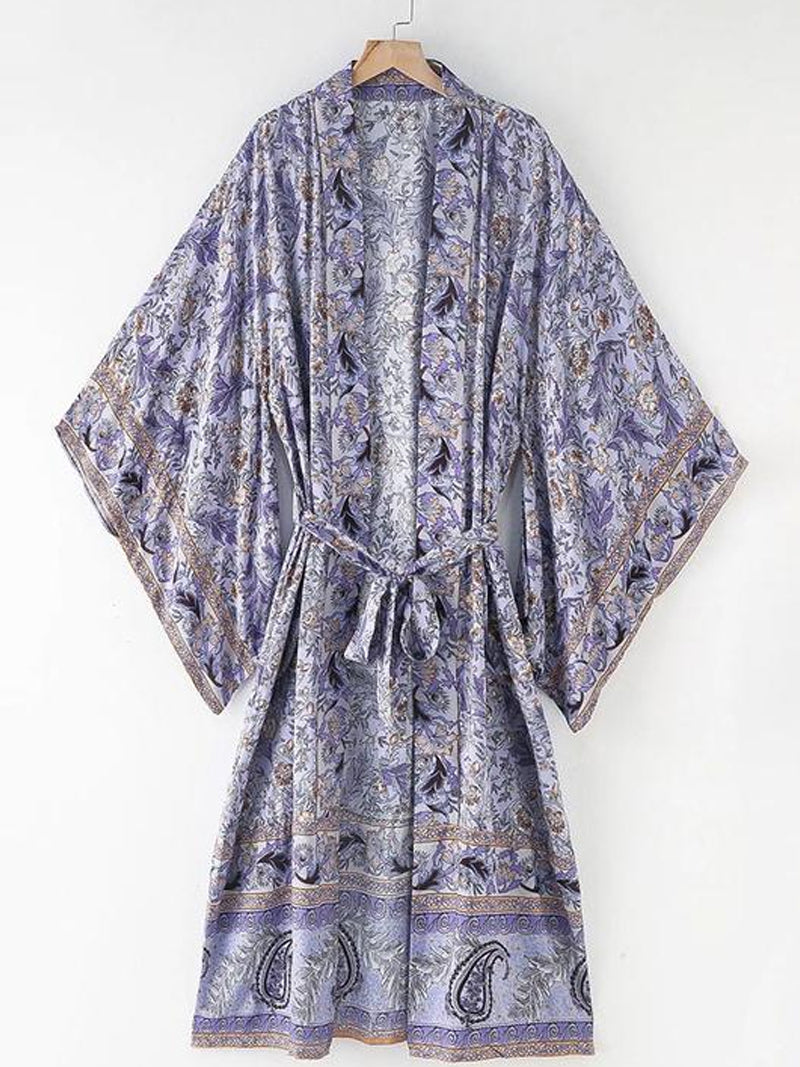 Evatrends cotton gown robe printed kimonos, Outerwear, Cotton, Nightwear, long kimono, Kimono Broad sleeves with armpit opening, loose fitting, Floral Print, Belted