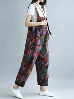 Black Floral Cotton Denim Overalls with Straight Legs