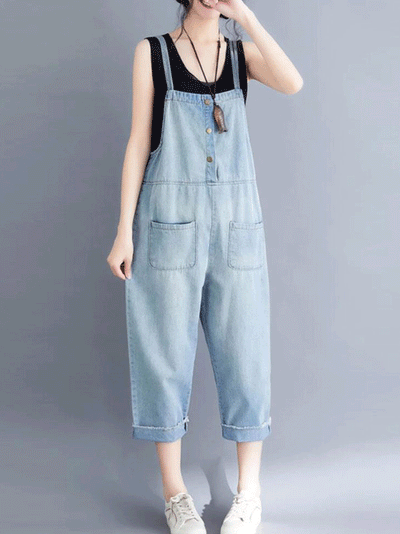 Dungarees cotton denim ripped jeans floral vintage retro style overall