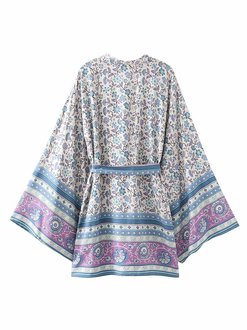 Evatrends cotton gown robe printed kimonos, Outerwear, Polyester, Nightwear, Short kimono, Broad Sleeves, Light-Blue, loose fitting, Printed, Belted, Floral