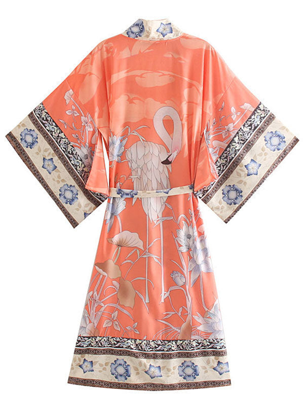 Evatrends cotton gown robe printed kimonos, Outerwear, Cotton, Viscose & Silk Mix , Nightwear, long kimono, Short Sleeves, loose fitting, Floral Print, Belted