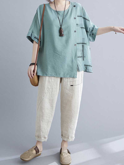 Evatrends Cotton Linen Top, Summer wear, Short sleeves, Front Button top, Round Neck, T-shirt Top, Wear With Jeans pant or Trouser