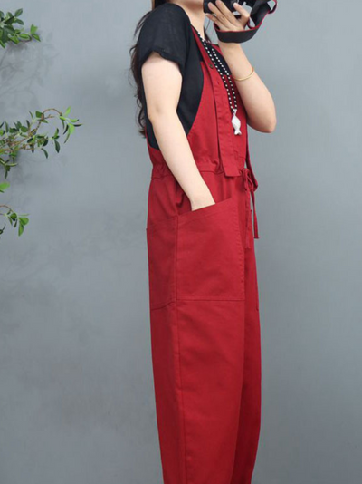 Women's Red Wide-Leg Overalls