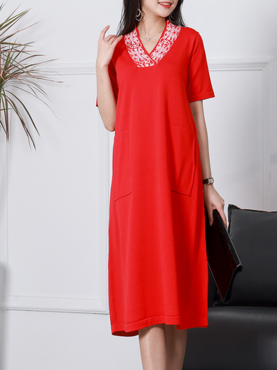Women's Red Short-Sleeves Midi-Dress