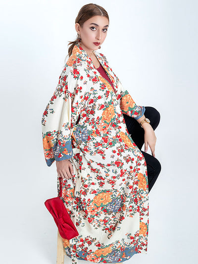 Evatrends cotton gown robe printed kimonos, Outerwear, Cotton, Nightwear, long kimono, Board Sleeves, loose fitting, Floral print, Belted