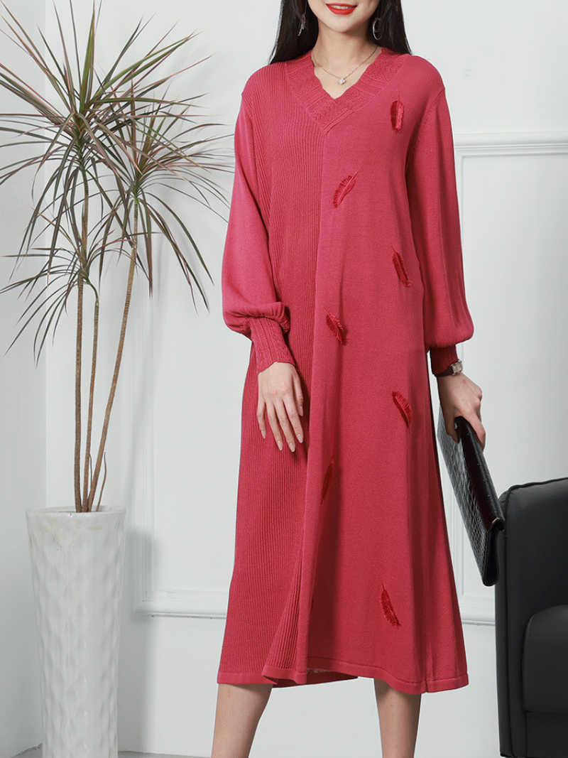 Women's Pride and Prejudice Puff Sleeves V-neck knitted Midi-Dress