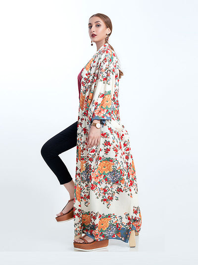 Evatrends cotton gown robe printed kimonos, Outerwear, Cotton, Nightwear, long kimono, Board Sleeves, loose fitting, Floral print, Belted