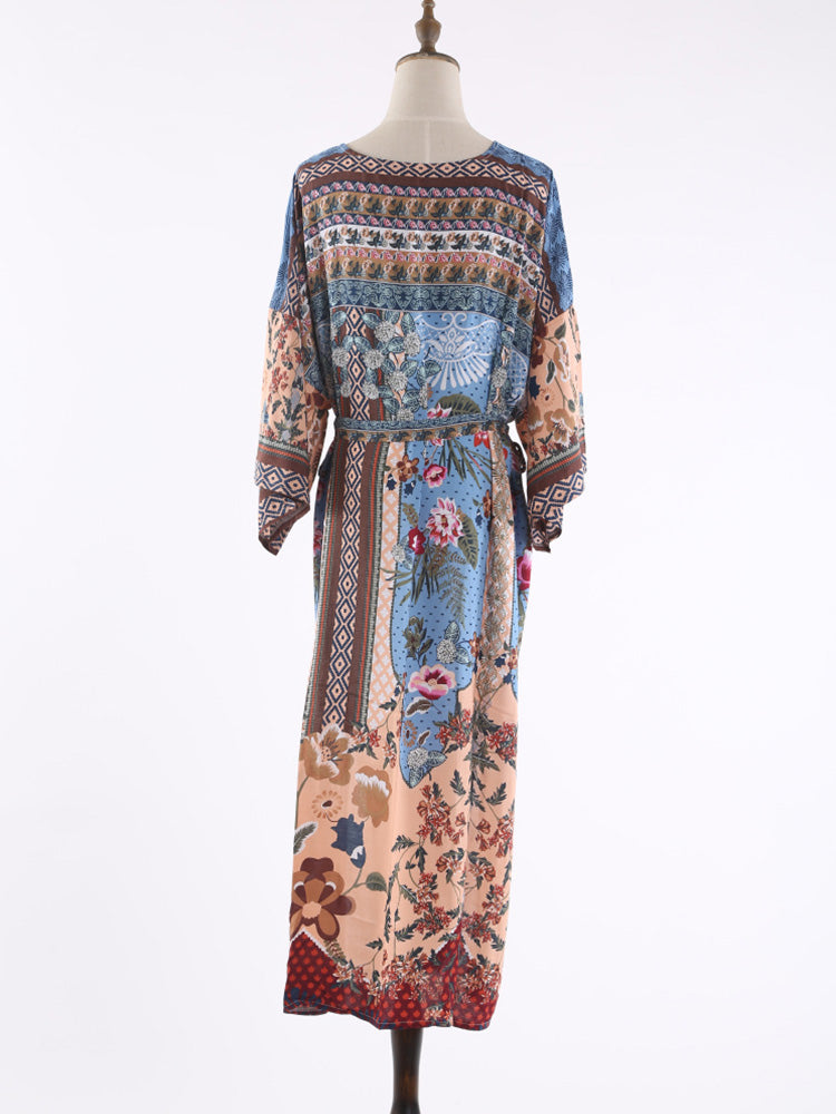 Evatrends cotton gown robe printed kimonos, Outerwear, Cotton, Nightwear, long kimono, long Sleeves, loose fitting, printed, Belted